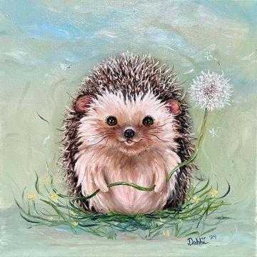 Original oil painting of  happy  hedgehog with a dandelion inspired by Watership Down Oh Slug A Moon