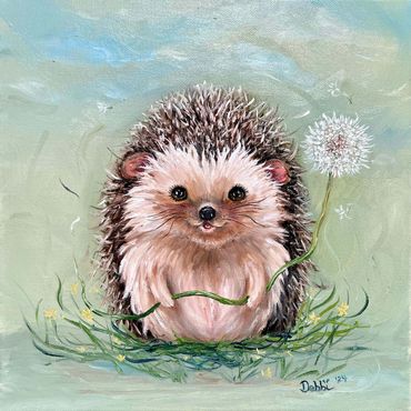 Original oil painting of  happy  hedgehog with a dandelion inspired by Watership Down Oh Slug A Moon