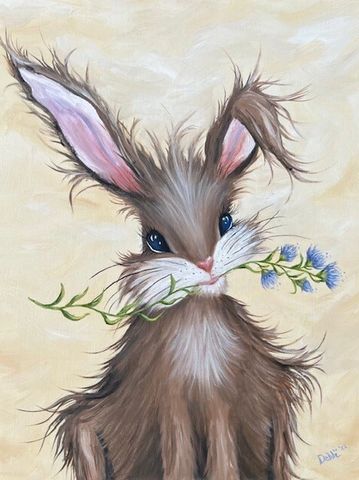 Original oil painting of a whimsical  bunny rabbit holding purple thistles on a creamy lush yellow b
