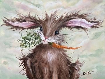 Original oil painting of a whimsical bunny rabbit holding an orange organic  carrot on a light green