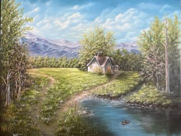 Dream Home - Original oil painting of a small quaint country farmhouse with warmly lit windows set i