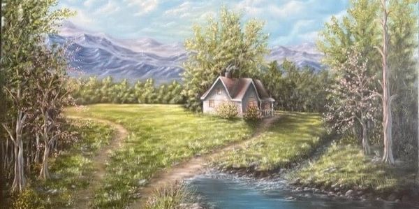Original oil painting of a quaint country farmhouse on the shores of a lake with spring foliage and 