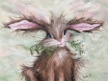 Original oil painting of a whimsical bunny rabbit holding a daisy flowers on a light green backgroun