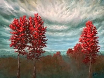 Original oil painting by Whimzy works of a vibrant fall scene featuring red trees and a dramatic sky