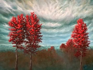 Where Hope Grows - an original oil painting of a dramatic fall scene featuring vibrant red trees, di