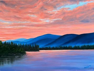 Full of vibrant colors and summer memories, an original oil painting of Lake George at sunset