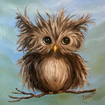 Whimsical oil painting of an adorable owl
