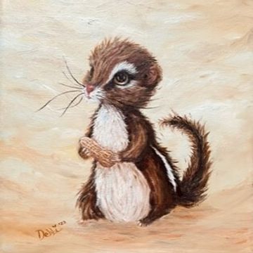 Original oil painting of a whimsical chipmunk holding a peanut on a lush creamy yellow background