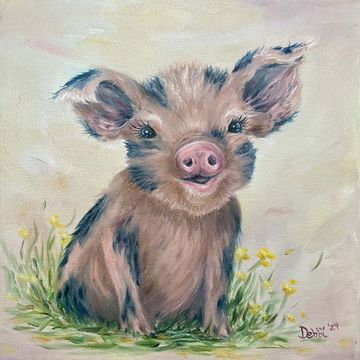 Original oil painting of a happy and smiling pig with flowers in a whimsical style by Debora Leahey