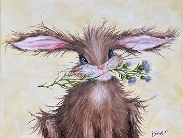 Original oil painting of a whimsical bunny rabbit holding purple thist