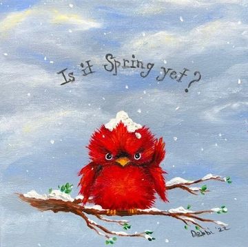 Painting of an angry red bird sitting on a branch covered in snow and wondering when it will be spri