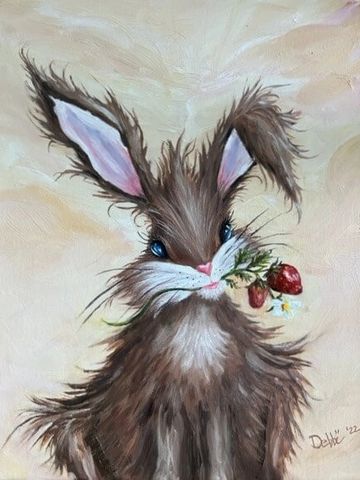 Original oil painting of a whimsical bunny rabbit holding two straberries with a strawberry blossom 