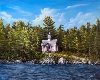 Original oil painting of the Chapel of Isaac Jogues on Hecker Island on Lake George NY