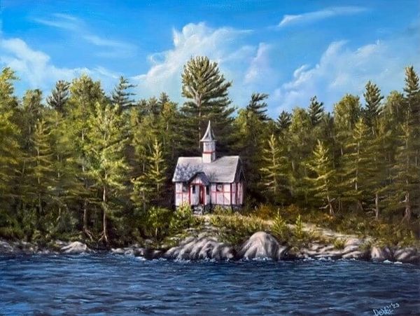 Original oil painting of The Chapel of Isaac Jogues on Hecker Island, Lake George NY