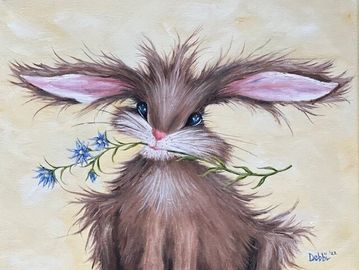 Original oil painting of a whimsical bunny rabbit holding purple cornflowers