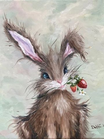 Original oil painting of a whimsical bunny rabbit holding two strawberries and a strawberry blossom 