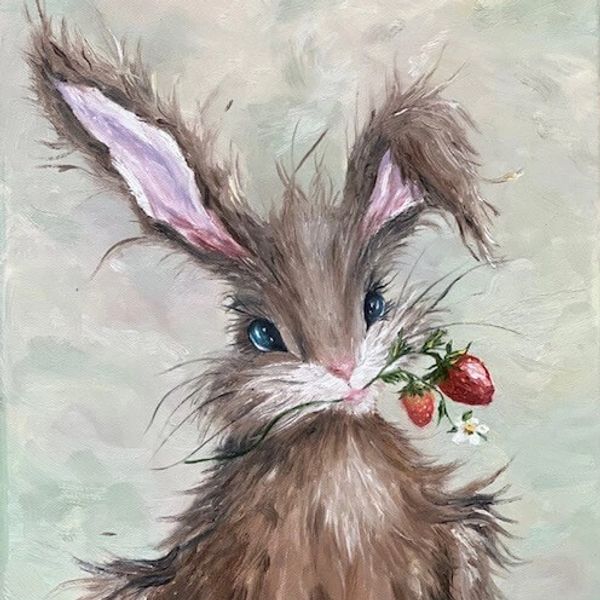 Original oil painting of a whimsical bunny rabbit holding a strawberry