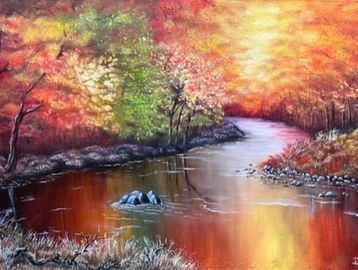 Fishing Spot - a vibrant original oil painting of the Battenkill river in autumn with dramatic fall 