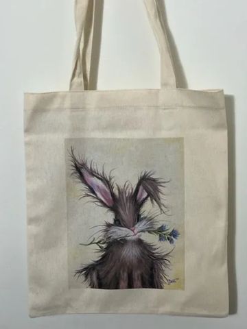 Canvas Tote bag featuring a WhimzyWorks original painting of a bunny holding thistles.