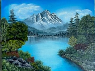 Glacier Gorge - an original oil painting of a clear turquoise glacial pond and woodland trees with a
