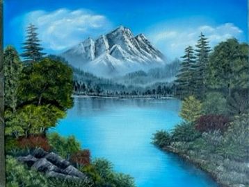 Glacier Gorge - an original oil painting of a turquoise pond and woodland trees with a snow covered 