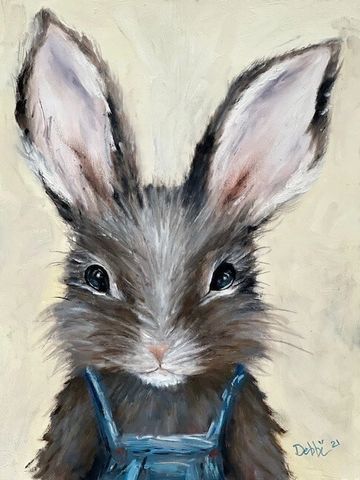 Original oil painting of a rabbit wearing blue denim overalls called Farmer Bunny