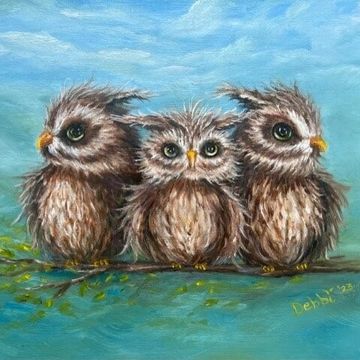 Whimsical original oil painting of an owl family sitting together on a tree branch