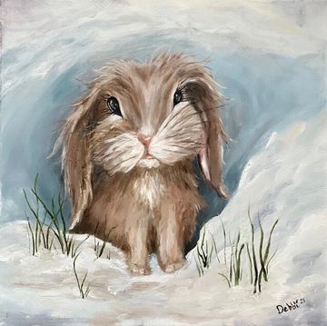 Original oil painting of a floppy ear bunny rabbit coming out of his  hole surrounded by snow but lo