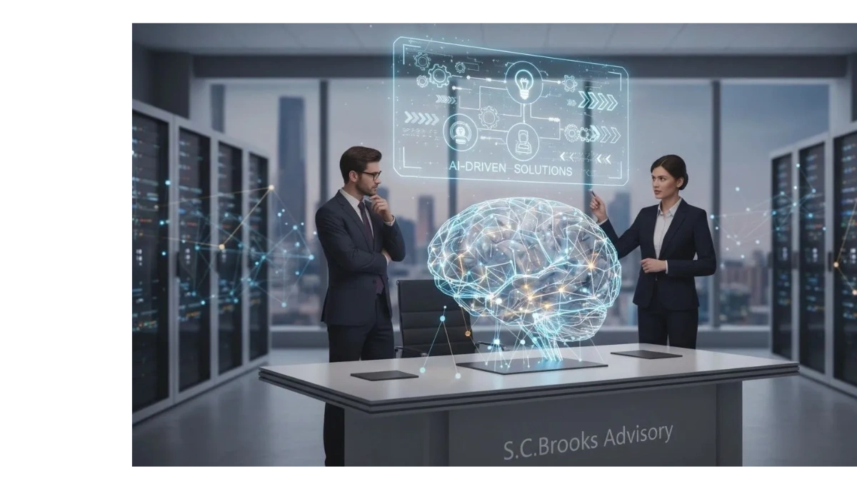Business professionals discussing AI-driven solutions with digital brain hologram.