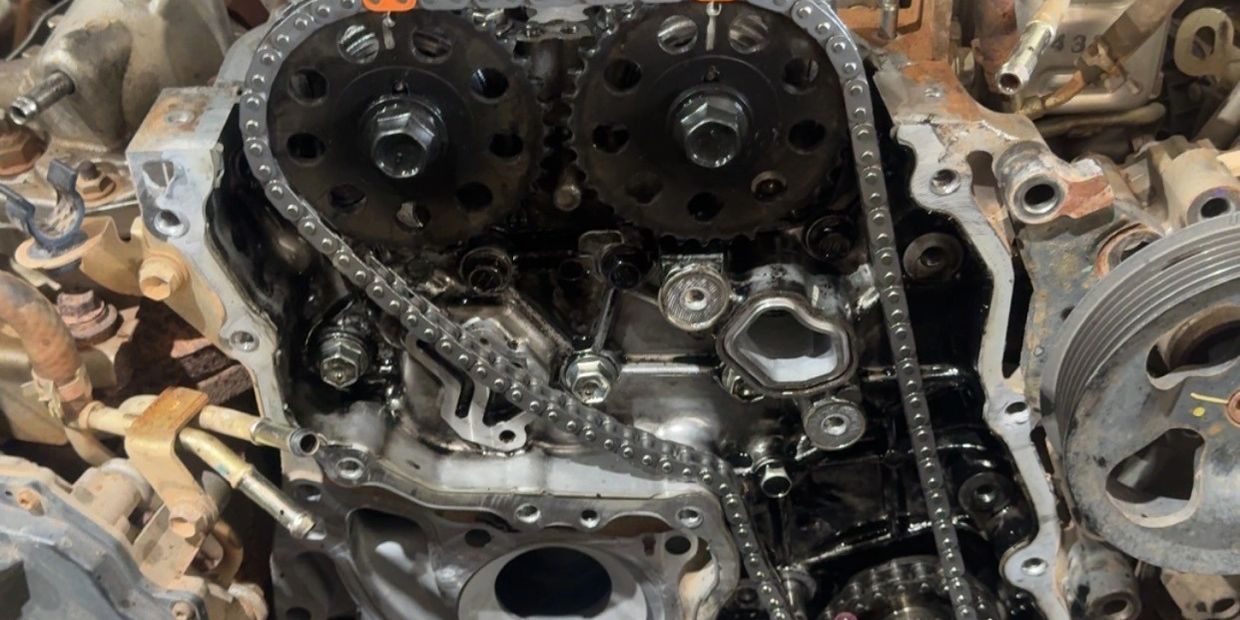 Close-up of a car engine with timing chain exposed during repair.