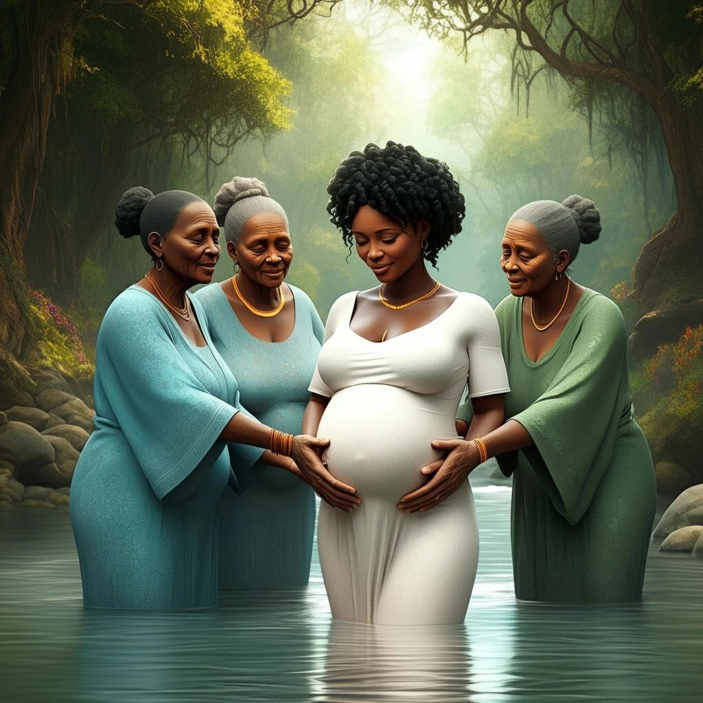 Three elderly women gently support a pregnant woman in a serene forest pond.