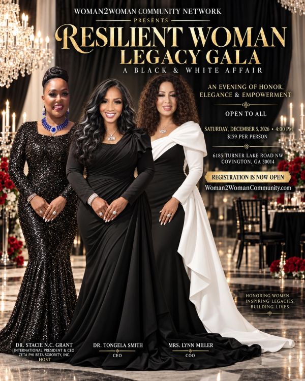 Elegant women promoting Resilient Woman Legacy Gala.