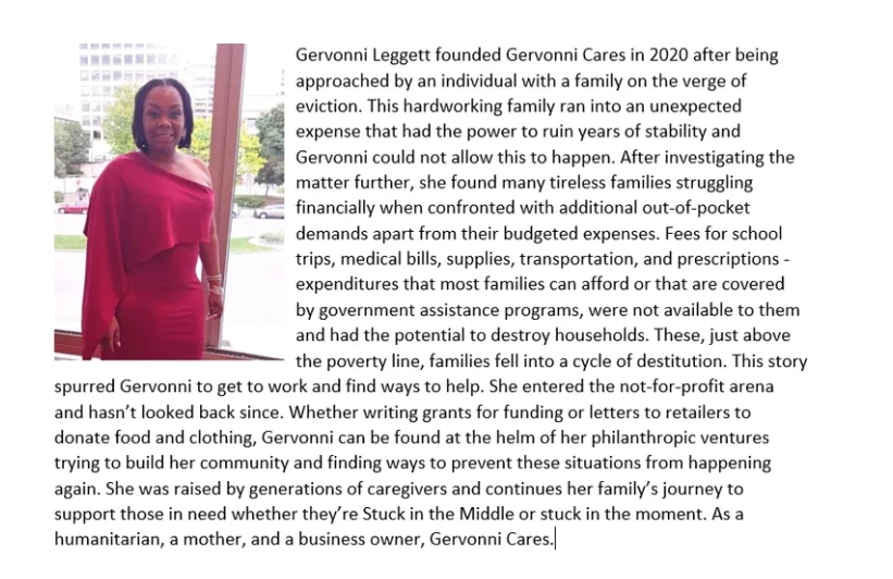Founder information on how Gervonni Cares started