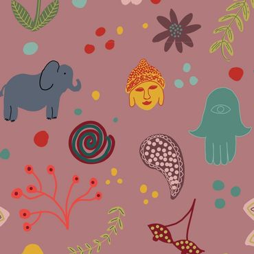 Surface pattern design, joyful, pattern, elephant, sustainable, licensing, flora, fauna, Buddha,