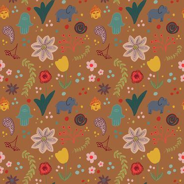 Surface pattern design, joyful, pattern, elephant, sustainable, licensing, flora, fauna, Buddha,