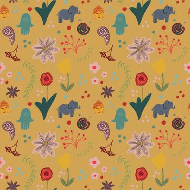 Surface pattern design, joyful, pattern, elephant, sustainable, licensing, flora, fauna, Buddha,