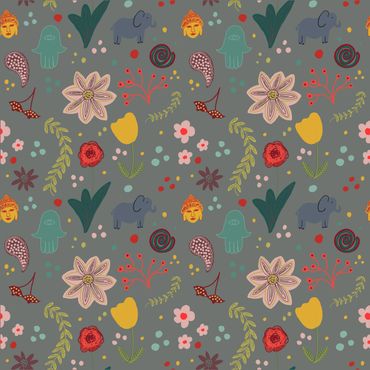Surface pattern design, joyful, pattern, elephant, sustainable, licensing, flora, fauna, Buddha,