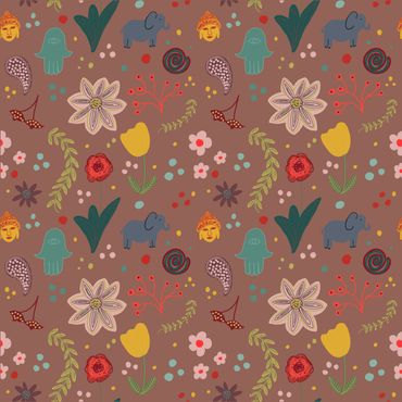Surface pattern design, joyful, pattern, elephant, sustainable, licensing, flora, fauna, Buddha,
