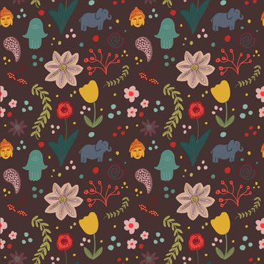 Surface pattern design, joyful, pattern, elephant, sustainable, licensing, flora, fauna, Buddha,
