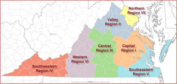 Map showing regions of Virginia.