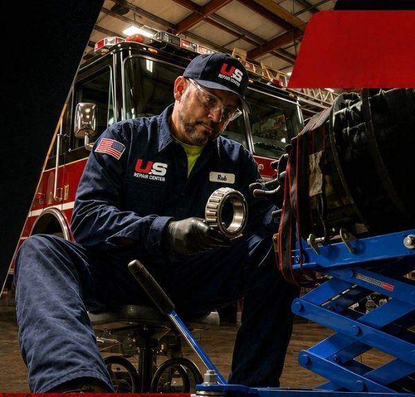 Mechanic inspecting a bearing in a workshop.