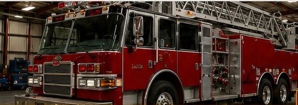 Red fire truck inside a garage.