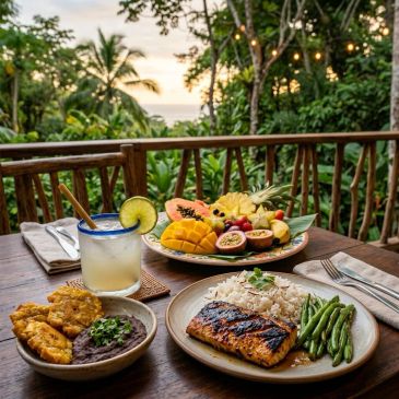 Grilled salmon meal with rice, green beans, plantains, black beans, fruit plate, and drink.