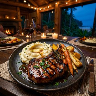 Dinner plate with steak, mashed potatoes, and roasted vegetables.