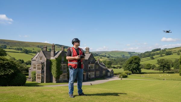 Drone pilot working on drone mapping at a country estate