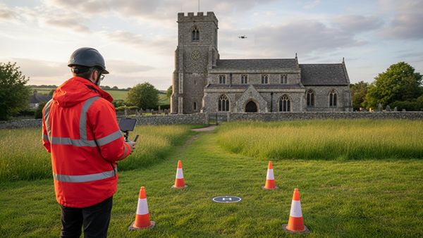 Drone pilot conducting a drone survey of a historic church