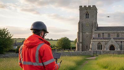 Inspecting roof of an old church with a drone