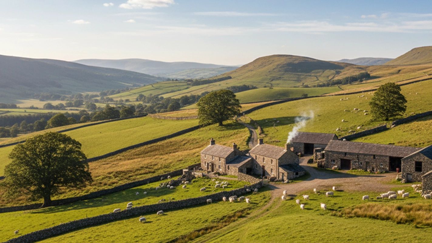 Scenic countryside farm with stone buildings and grazing sheep under a clear sky.