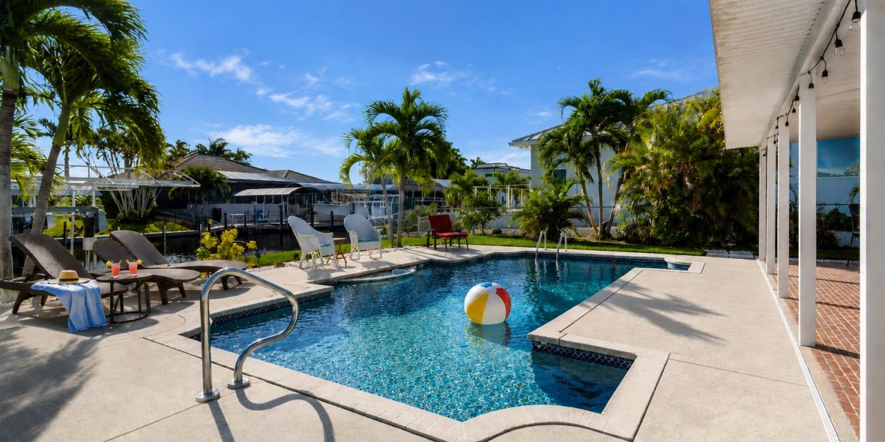 Sunny backyard pool with lounge chairs and a beach ball.
