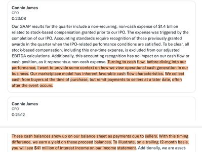 Highlighted CFO statements on cash flow and payment timing from IPO-related compensation.